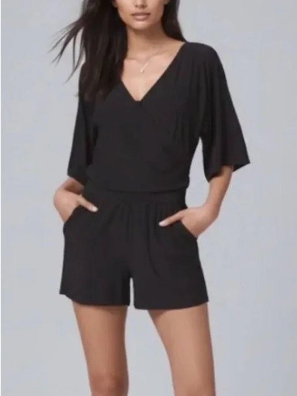 White House Black Market Black V‑Neck Short Sleeve Romper